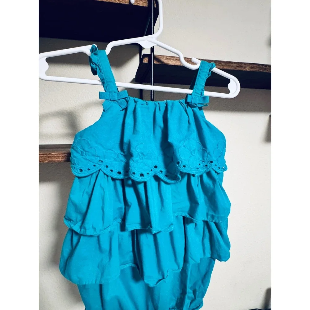 Gymboree Baby Girl 18-24mo Teal Turquoise Eyelet Ruffle Romper Flamingo Flamenco